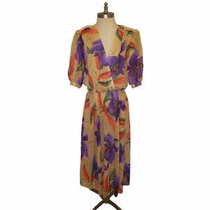 Vtg 80s Tan Floral Sheer Surplice Dress M/L